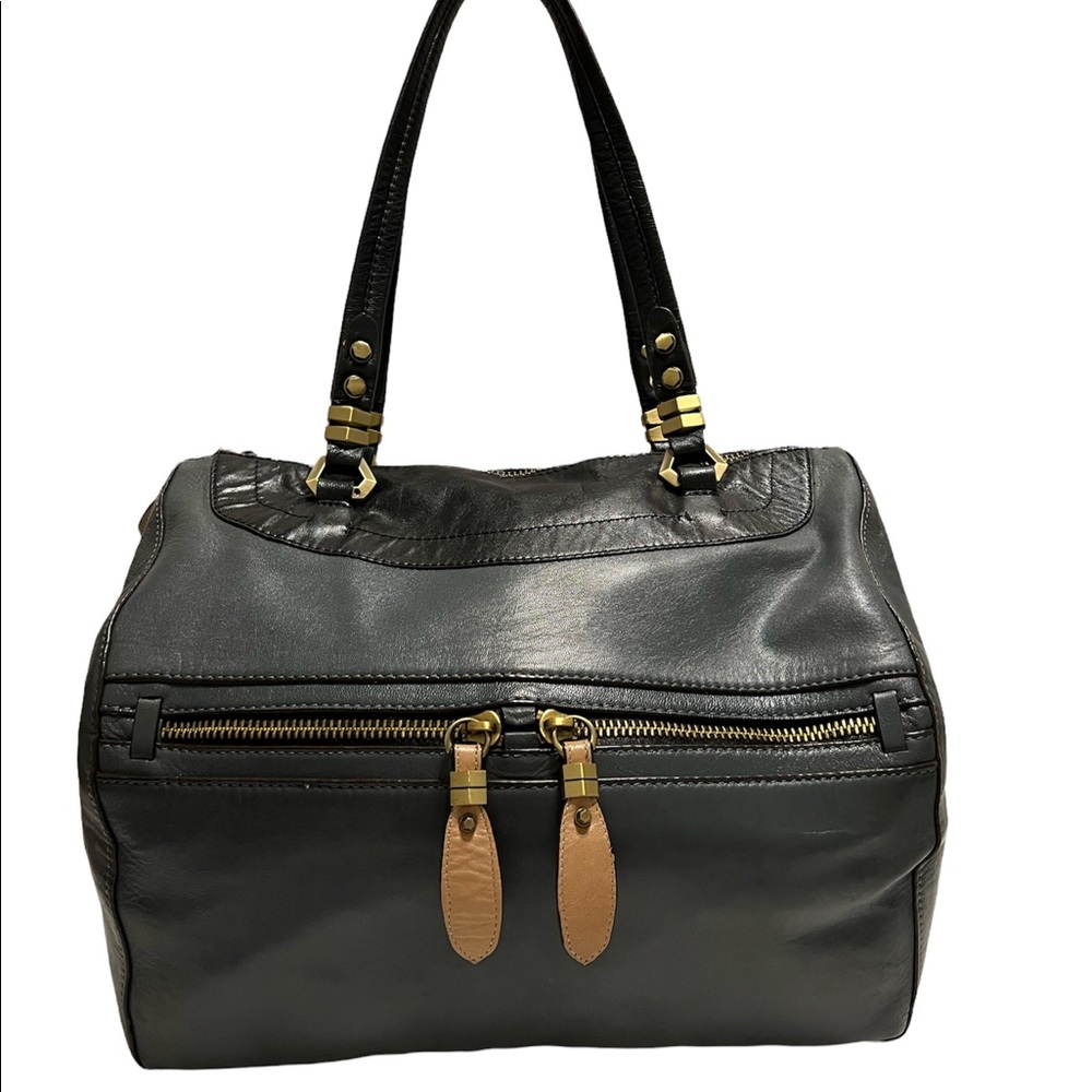 Yany Purse Blue Gray with Black and Nude Leather Front Zipper Enclosure